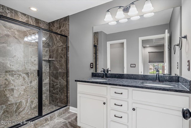 1105 Deer Fields Trce, La Grange, KY 40031 - bathroom with marble finish flooring, a stall shower, and double vanity