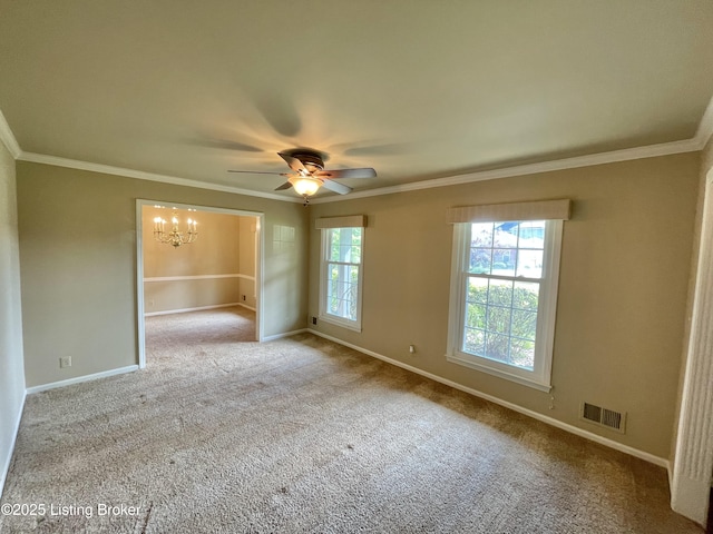 2804 Creekside Dr, Louisville, KY 40241 - carpeted empty room featuring a chandelier, a ceiling fan, and ornamental molding