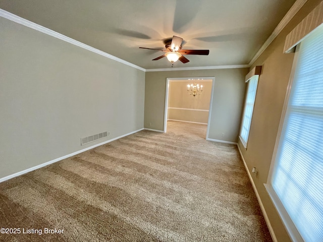 2804 Creekside Dr, Louisville, KY 40241 - carpeted empty room with a ceiling fan, a chandelier, and crown molding
