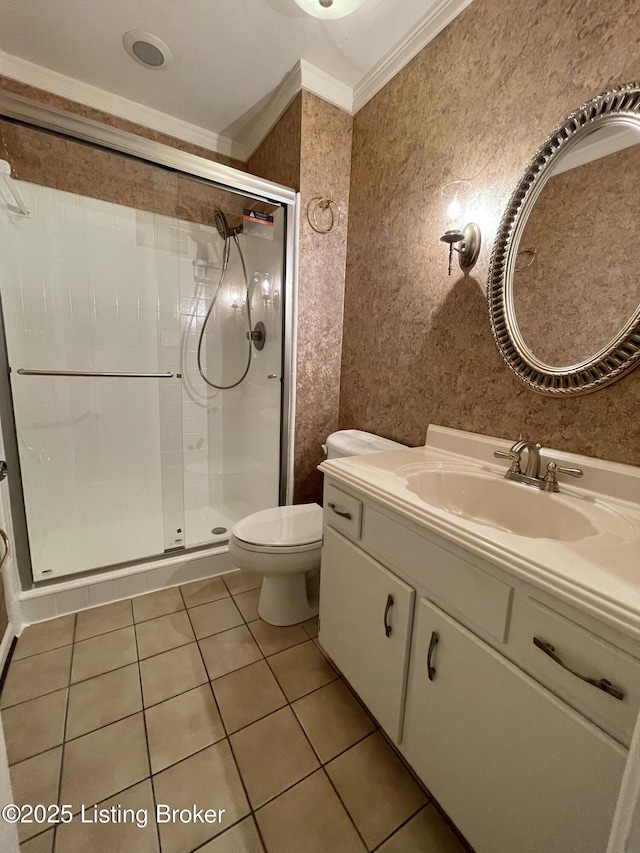 2804 Creekside Dr, Louisville, KY 40241 - full bathroom with ornamental molding, vanity, a shower stall, and tile patterned floors