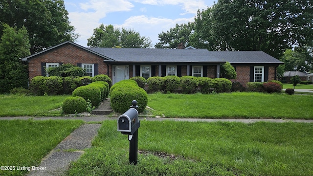 2804 Creekside Dr, Louisville, KY 40241 - ranch-style house with brick siding, a front lawn, and a chimney
