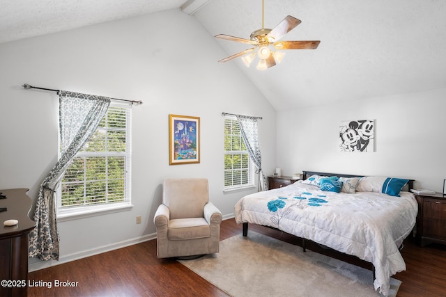 1403 Cadence Ct, Louisville, KY 40222 - bedroom with high vaulted ceiling, wood finished floors, multiple windows, beam ceiling, and a ceiling fan