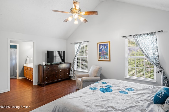 1403 Cadence Ct, Louisville, KY 40222 - bedroom with dark wood-type flooring, high vaulted ceiling, a ceiling fan, and connected bathroom