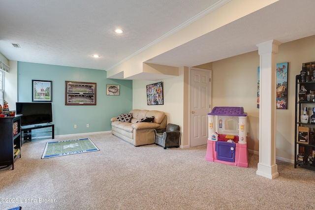 1403 Cadence Ct, Louisville, KY 40222 - living room featuring ornate columns, carpet floors, ornamental molding, recessed lighting, and a textured ceiling