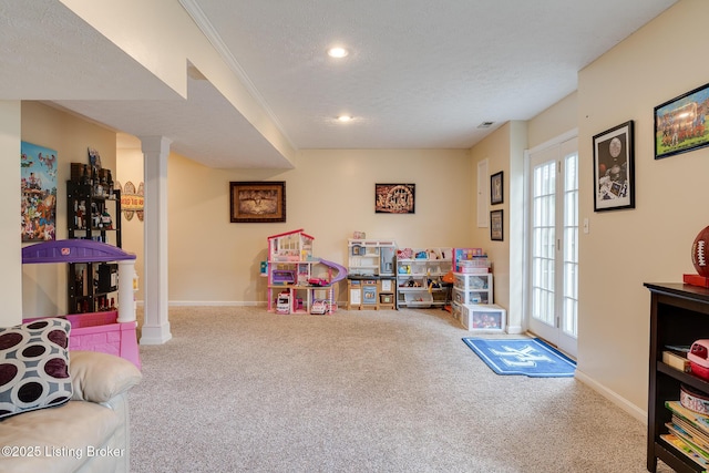 1403 Cadence Ct, Louisville, KY 40222 - game room with carpet flooring, decorative columns, a textured ceiling, and recessed lighting