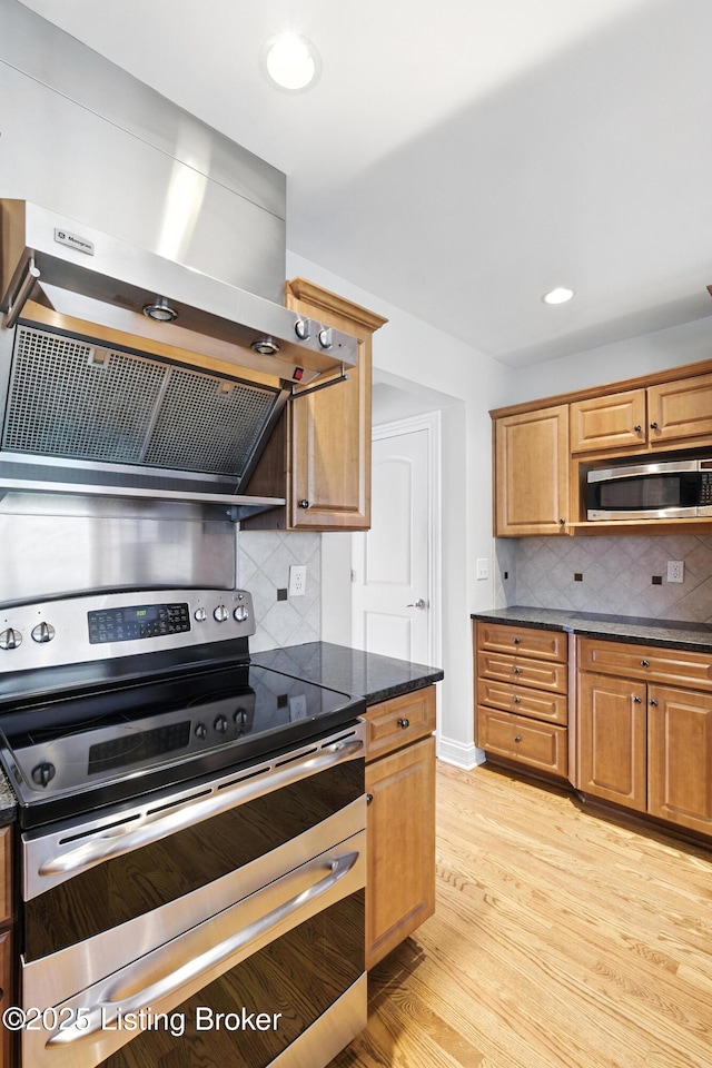 3416 Sasse Way, Louisville, KY 40245 - kitchen featuring appliances with stainless steel finishes, light wood-type flooring, backsplash, wall chimney range hood, and recessed lighting