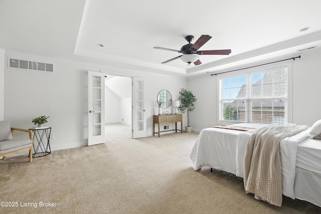 3416 Sasse Way, Louisville, KY 40245 - carpeted bedroom with a raised ceiling, french doors, crown molding, and a ceiling fan