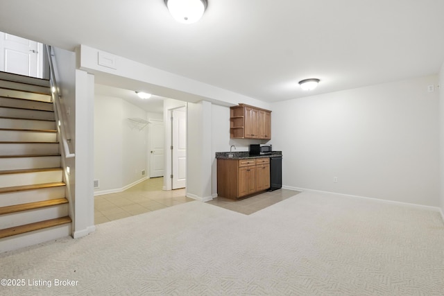 3416 Sasse Way, Louisville, KY 40245 - kitchen with open shelves, dark countertops, stainless steel microwave, dishwasher, and light tile patterned floors