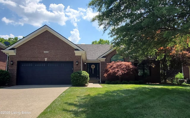 4318 Juniper Forest Pl, Louisville, KY 40245 - view of front of home with brick siding, an attached garage, a front lawn, and concrete driveway