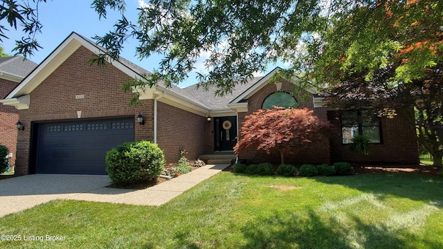 4318 Juniper Forest Pl, Louisville, KY 40245 - view of front of house featuring brick siding, driveway, an attached garage, and a front yard
