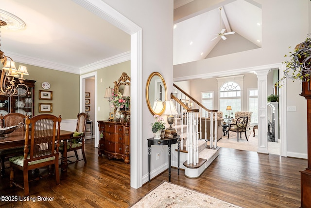 15018 Forest Oaks Dr, Louisville, KY 40245 - entryway with a ceiling fan, wood finished floors, a chandelier, and stairs