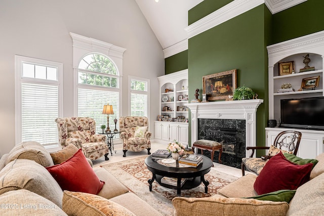 15018 Forest Oaks Dr, Louisville, KY 40245 - living room featuring high vaulted ceiling, a fireplace, built in features, and crown molding