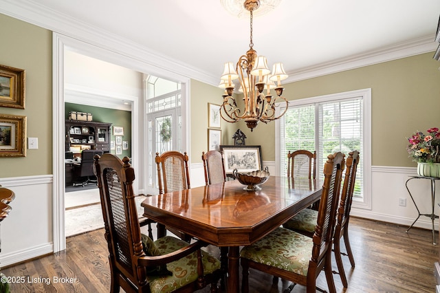 15018 Forest Oaks Dr, Louisville, KY 40245 - dining space featuring a chandelier, dark wood-type flooring, ornamental molding, and wainscoting