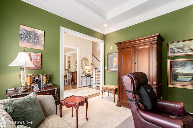15018 Forest Oaks Dr, Louisville, KY 40245 - office space featuring crown molding, a tray ceiling, and light colored carpet