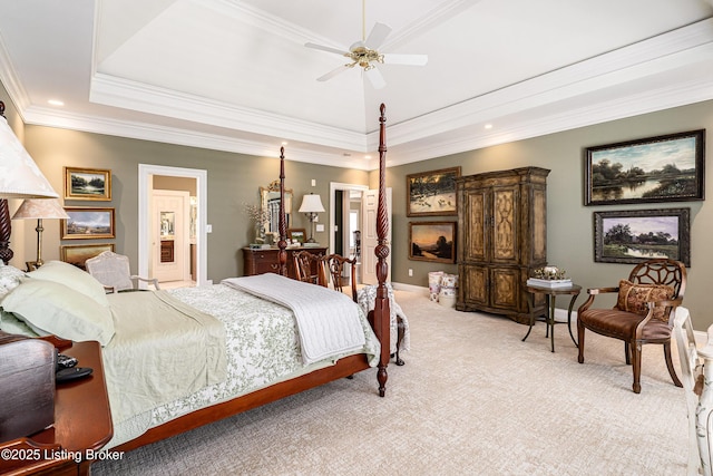 15018 Forest Oaks Dr, Louisville, KY 40245 - bedroom with a raised ceiling, light carpet, ornamental molding, connected bathroom, and a ceiling fan