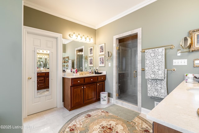 15018 Forest Oaks Dr, Louisville, KY 40245 - bathroom featuring two vanities, ornamental molding, a shower stall, and tile patterned floors