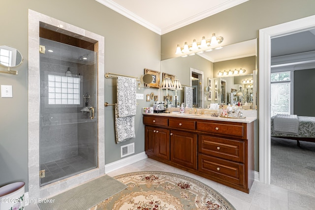 15018 Forest Oaks Dr, Louisville, KY 40245 - ensuite bathroom with vanity, ornamental molding, a shower stall, and tile patterned flooring
