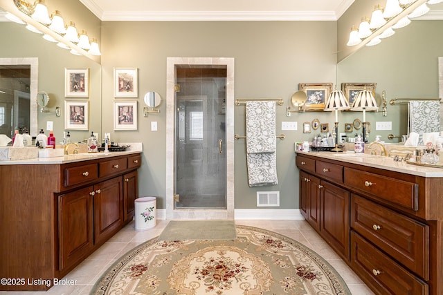 15018 Forest Oaks Dr, Louisville, KY 40245 - full bath featuring vanity, tile patterned floors, ornamental molding, and a stall shower
