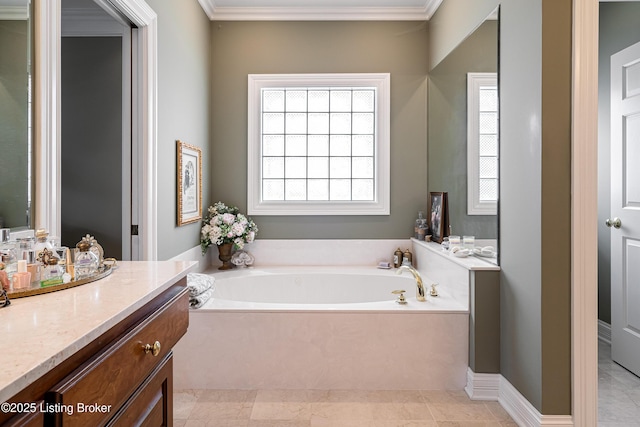 15018 Forest Oaks Dr, Louisville, KY 40245 - bathroom featuring vanity, a bath, and ornamental molding