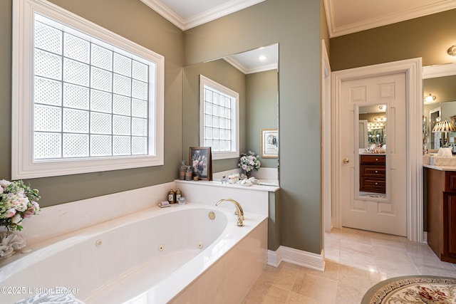 15018 Forest Oaks Dr, Louisville, KY 40245 - bathroom with vanity, a whirlpool tub, and ornamental molding
