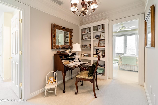 15018 Forest Oaks Dr, Louisville, KY 40245 - office area with light colored carpet, a chandelier, and crown molding