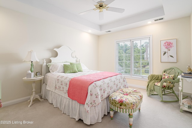 15018 Forest Oaks Dr, Louisville, KY 40245 - bedroom featuring light colored carpet, recessed lighting, ceiling fan, and a raised ceiling