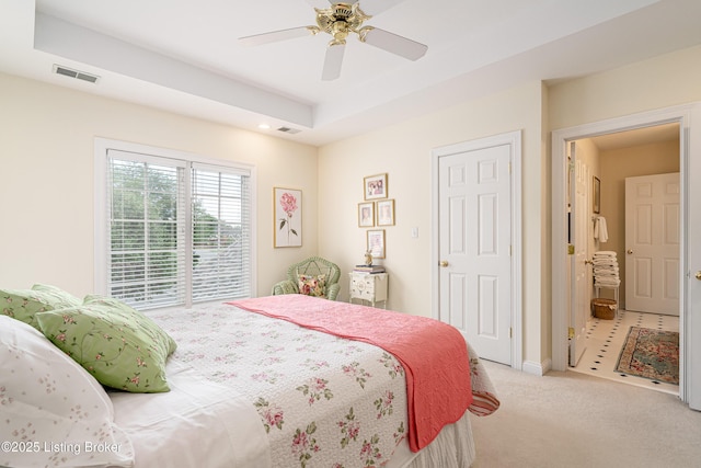 15018 Forest Oaks Dr, Louisville, KY 40245 - bedroom featuring light carpet, access to exterior, and ceiling fan
