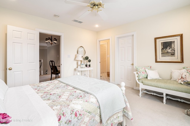 15018 Forest Oaks Dr, Louisville, KY 40245 - bedroom with a chandelier, light carpet, ceiling fan, and recessed lighting