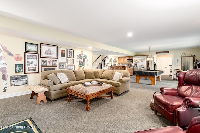 15018 Forest Oaks Dr, Louisville, KY 40245 - living room featuring carpet floors, pool table, and stairs