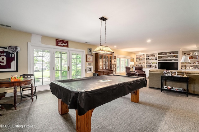 15018 Forest Oaks Dr, Louisville, KY 40245 - recreation room featuring dark colored carpet, plenty of natural light, pool table, french doors, and recessed lighting