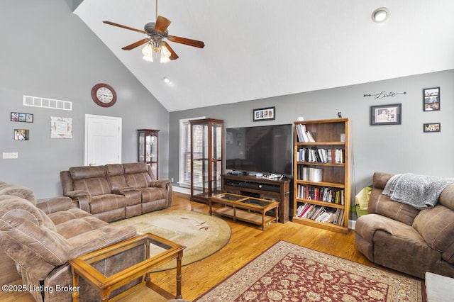 236 Running Creek Dr, Shepherdsville, KY 40165 - living room with high vaulted ceiling, ceiling fan, wood finished floors, and recessed lighting