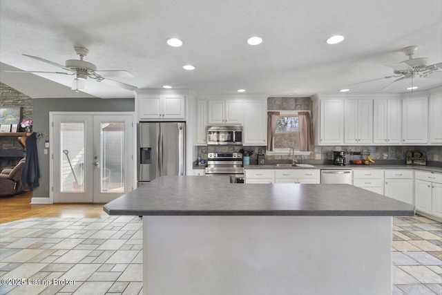 236 Running Creek Dr, Shepherdsville, KY 40165 - kitchen featuring appliances with stainless steel finishes, ceiling fan, dark countertops, french doors, and recessed lighting