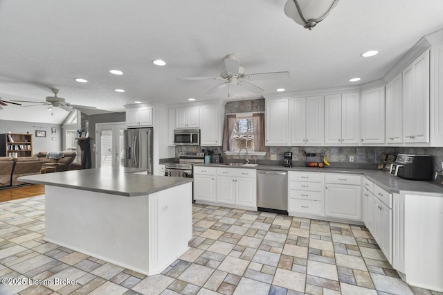 236 Running Creek Dr, Shepherdsville, KY 40165 - kitchen featuring appliances with stainless steel finishes, ceiling fan, tasteful backsplash, white cabinetry, and recessed lighting