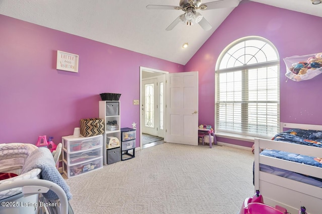 236 Running Creek Dr, Shepherdsville, KY 40165 - bedroom with carpet floors, high vaulted ceiling, and a ceiling fan
