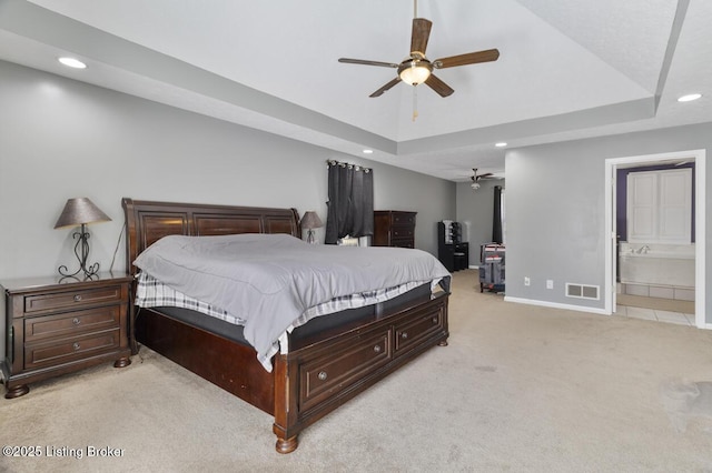236 Running Creek Dr, Shepherdsville, KY 40165 - bedroom with light colored carpet, a raised ceiling, recessed lighting, ensuite bath, and a ceiling fan