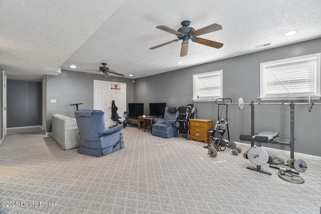 236 Running Creek Dr, Shepherdsville, KY 40165 - home theater featuring a textured ceiling, carpet floors, ceiling fan, and recessed lighting