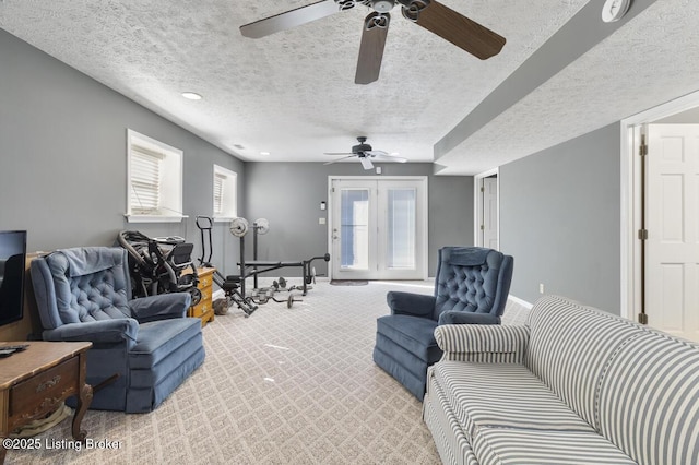 236 Running Creek Dr, Shepherdsville, KY 40165 - living room featuring a textured ceiling, light carpet, and ceiling fan