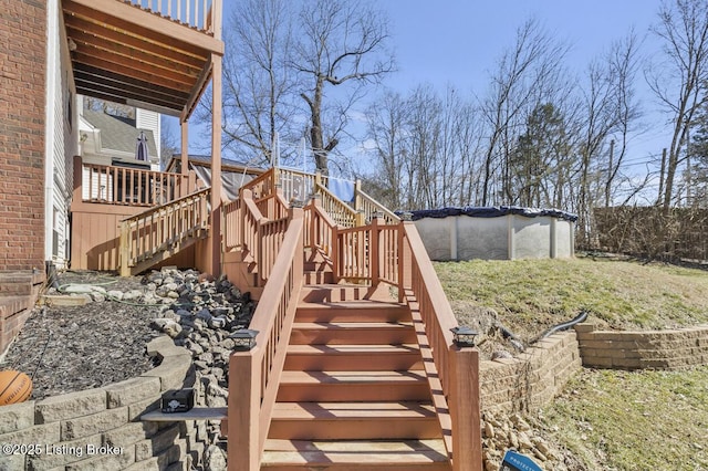 236 Running Creek Dr, Shepherdsville, KY 40165 - wooden deck featuring stairs and a covered pool