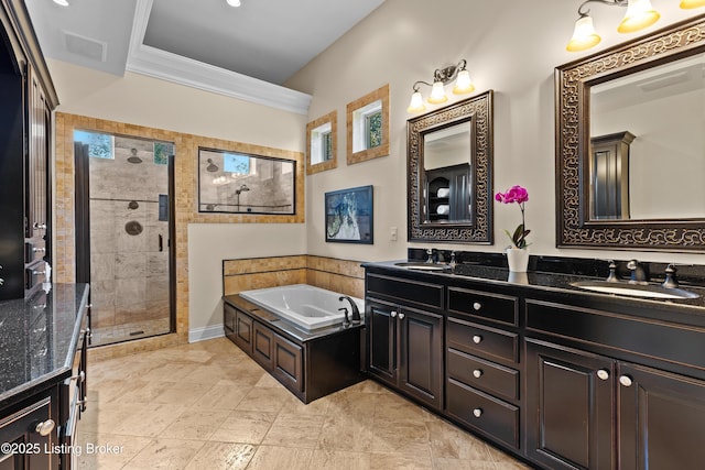 3111 Ridgemoor Ct, Prospect, KY 40059 - full bathroom with double vanity, a shower stall, a garden tub, and ornamental molding