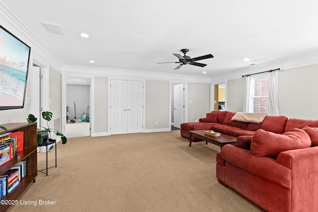 3111 Ridgemoor Ct, Prospect, KY 40059 - living area featuring crown molding, a ceiling fan, light colored carpet, and recessed lighting