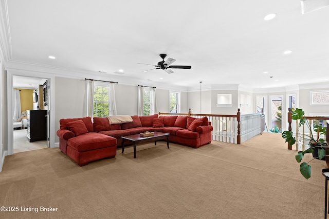 3111 Ridgemoor Ct, Prospect, KY 40059 - living area featuring light colored carpet, ornamental molding, a ceiling fan, and recessed lighting
