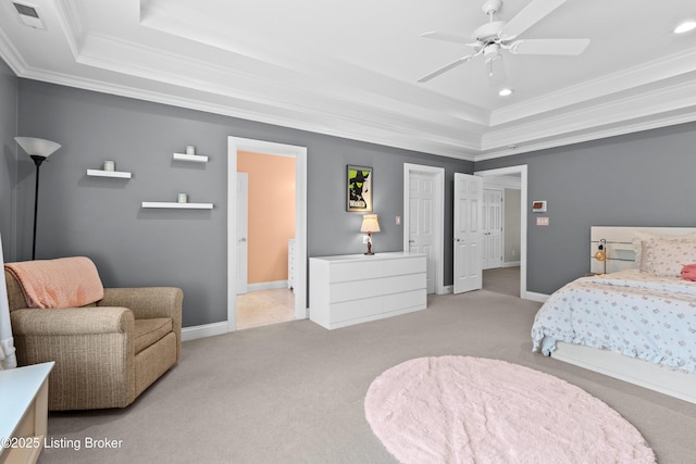 3111 Ridgemoor Ct, Prospect, KY 40059 - bedroom featuring a raised ceiling, ornamental molding, light colored carpet, recessed lighting, and a ceiling fan