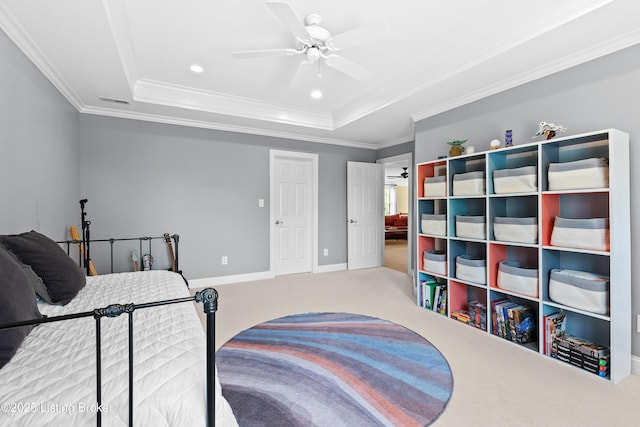 3111 Ridgemoor Ct, Prospect, KY 40059 - bedroom with a raised ceiling, carpet, crown molding, ceiling fan, and recessed lighting