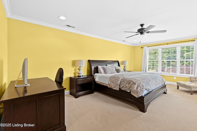 3111 Ridgemoor Ct, Prospect, KY 40059 - bedroom with light colored carpet, crown molding, a desk, recessed lighting, and ceiling fan