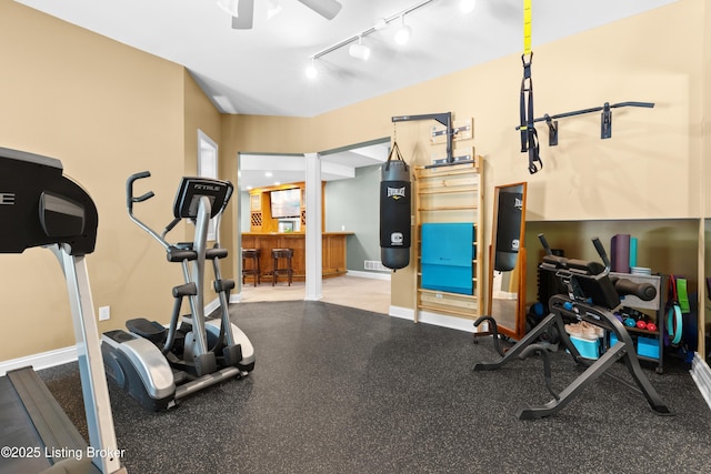 3111 Ridgemoor Ct, Prospect, KY 40059 - workout room featuring rail lighting, ceiling fan, and bar