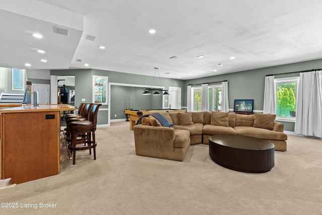 3111 Ridgemoor Ct, Prospect, KY 40059 - living area featuring light carpet, pool table, and recessed lighting