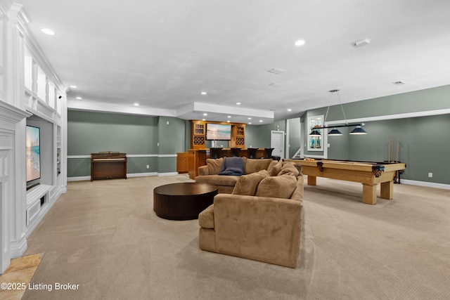 3111 Ridgemoor Ct, Prospect, KY 40059 - living area with light colored carpet, a bar, recessed lighting, and billiards