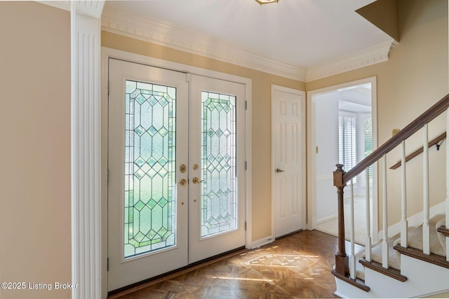 163 Ridgewood Dr, Pewee Valley, KY 40056 - entryway featuring french doors, stairway, and ornamental molding