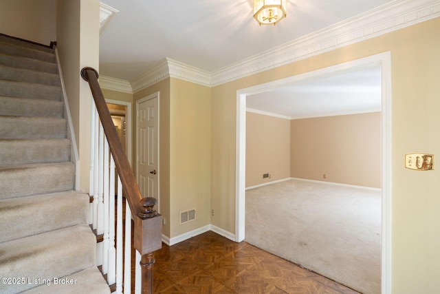 163 Ridgewood Dr, Pewee Valley, KY 40056 - staircase featuring ornamental molding and carpet floors