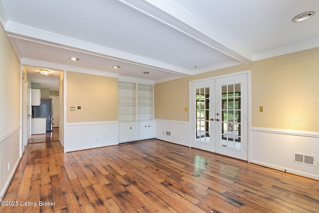 163 Ridgewood Dr, Pewee Valley, KY 40056 - spare room with french doors, hardwood / wood-style floors, a wainscoted wall, beamed ceiling, and ornamental molding